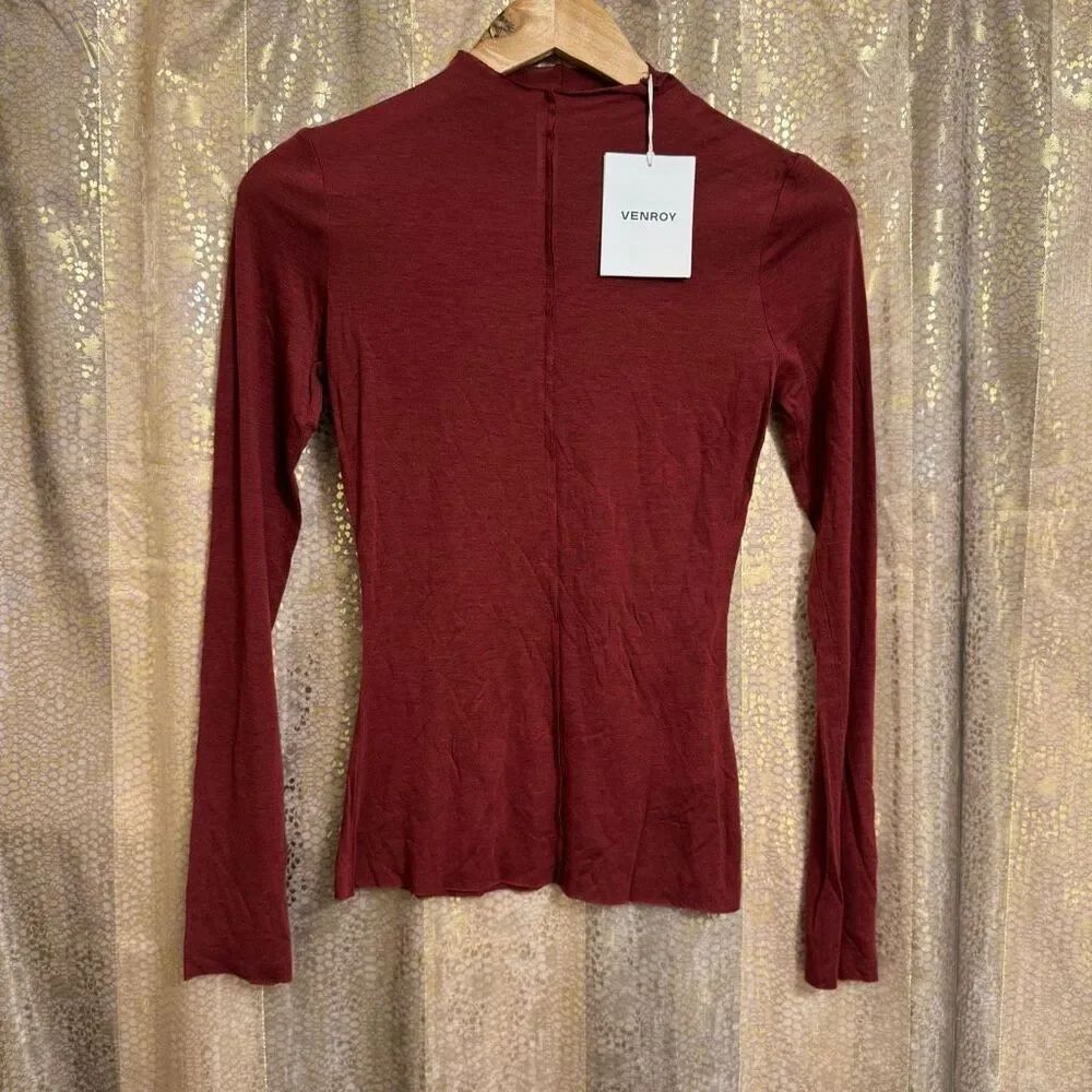 Venroy Raw Cut Long Sleeve Top XS Red Mahogany Mock Neck Wool Blend NWT